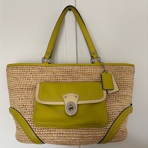 Vintage Coach Straw Shoulder Bag - Lime Green Leather Trim